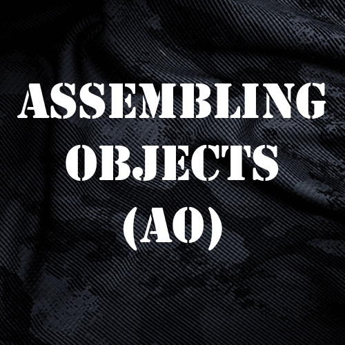 assembling objects text on camo background